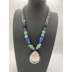 Ruby Rd Chunky Statement Necklace Green & Blue Beads Silver Tone Chain